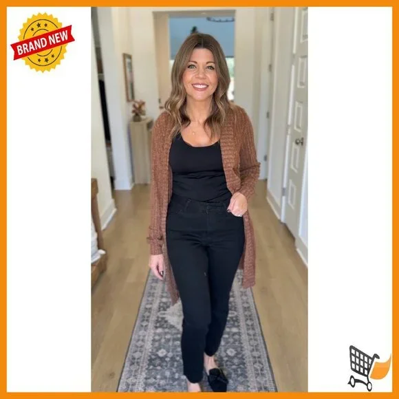 Long Ribbed Cardigan Sweater with Patch Pockets Lightweight Loose Fit - Picture 8 of 8